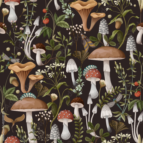 Autumn seamless pattern with mushrooms, berries and bugs. Natural trendy print. photo