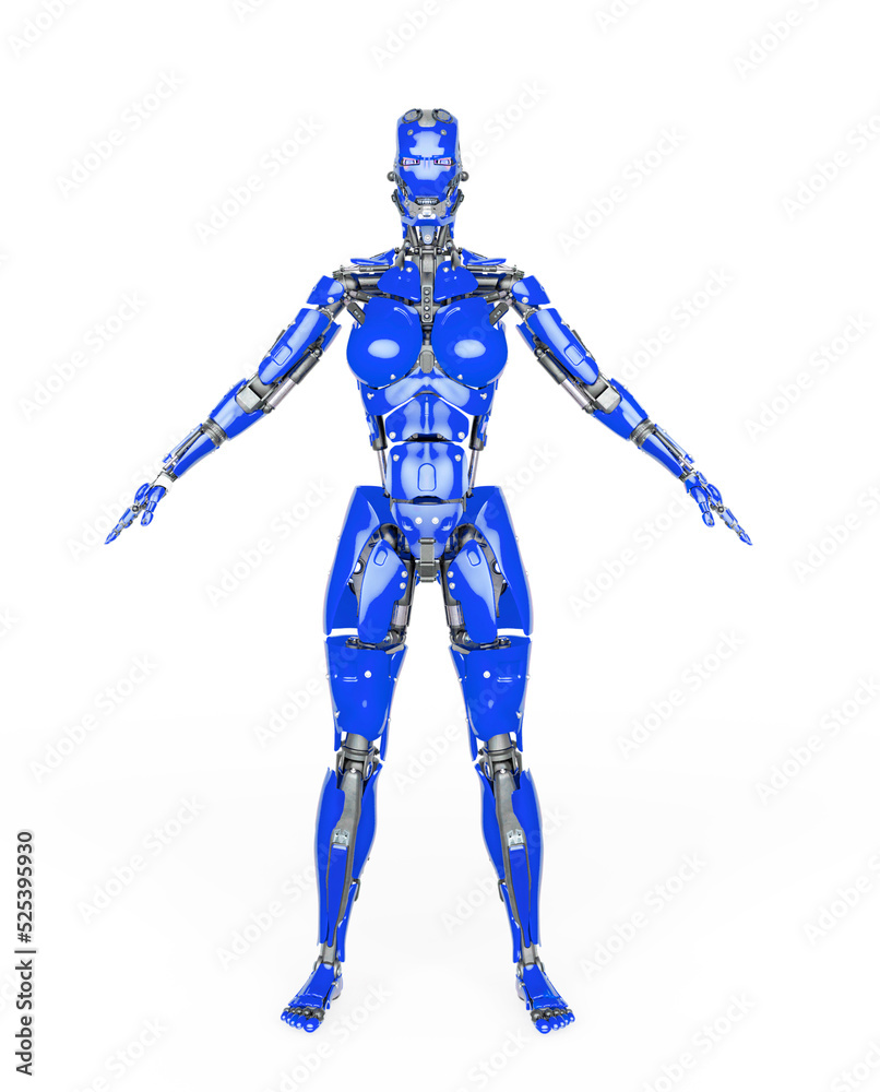 cyborg girl is doing an a pose on white background