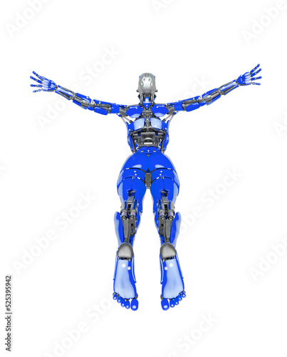 cyborg girl is flying free on white background rear view