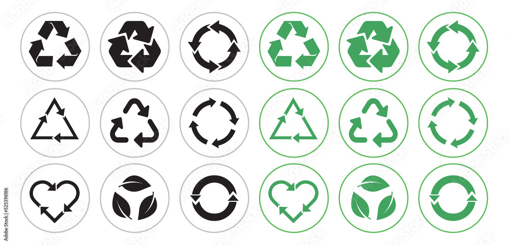Recycle icon set. Triangles, Arrows, heart and leaf recycle eco sign symbol. Rounded angles. Circle with arrows. Flat Green Recycled signs vector illustration isolated on white background. Recycle icon set. Triangles, Arrows, heart and leaf recycle eco sign symbol. Rounded angles. Circle with arrows. Flat Green Recycled signs vector illustration isolated on white background.