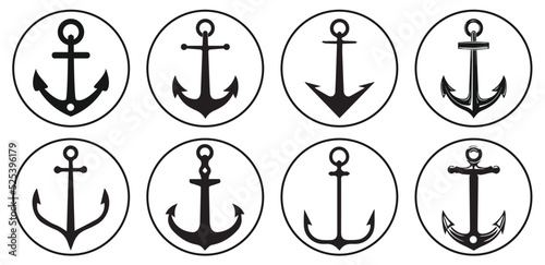 Set of black vector Anchor icons. Ship Anchors vector icon collection. Flat style Anchors logo in different shapes isolated on white background.