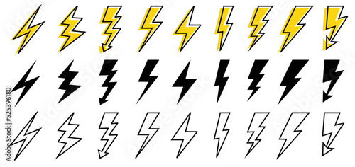 Lightning bolt icons set. Thunderbolt in flat style. Outline graphic elements vector. Black outlined and yellow colored icon sets. Power voltage sign. Thunder Vector illustration.