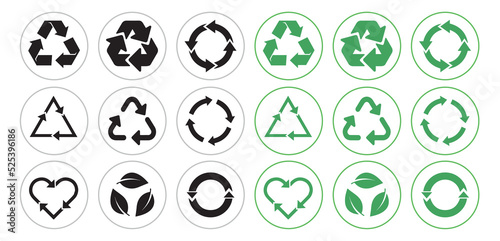Recycle icon set. Triangles, Arrows, heart and leaf recycle eco sign symbol. Rounded angles. Circle with arrows. Flat Green Recycled signs vector illustration isolated on white background.