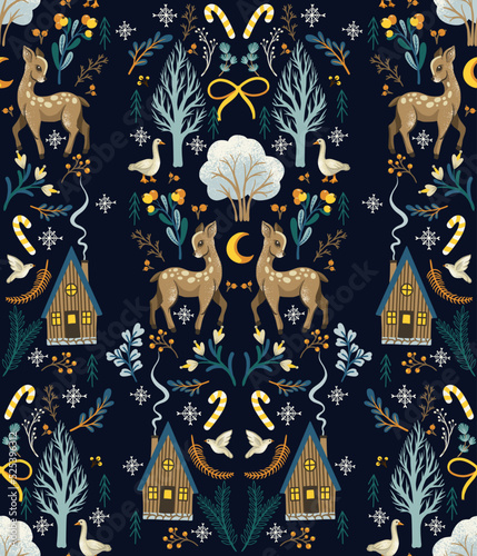 Christmas seamless pattern with rustic animals, birds and trees. Wallpaper print.