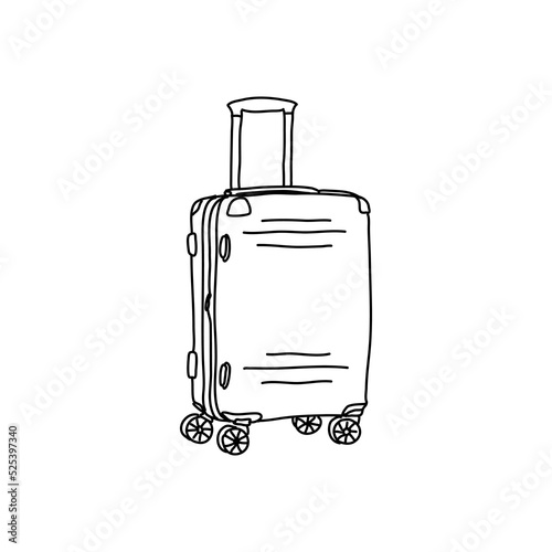 Vector suitcase, bag or backpack for travel. Various types of hand luggage, suitcases and bags are hand drawn in a linear style. For the design of advertisements, brochures, banners and posters