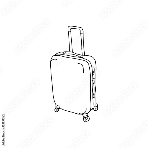 Vector suitcase, bag or backpack for travel. Various types of hand luggage, suitcases and bags are hand drawn in a linear style. For the design of advertisements, brochures, banners and posters