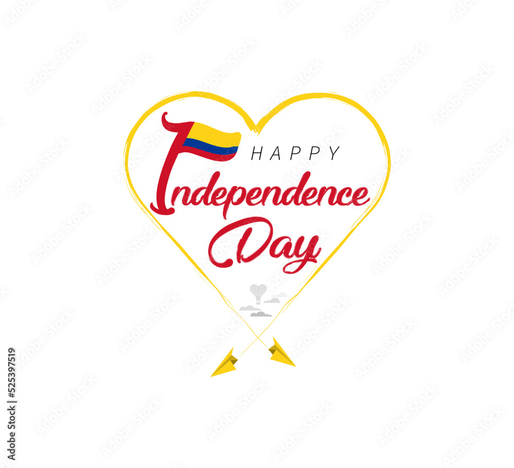 happy independence day of Colombia. Airplane draws cloud from heart. National flag vector illustration on white background.