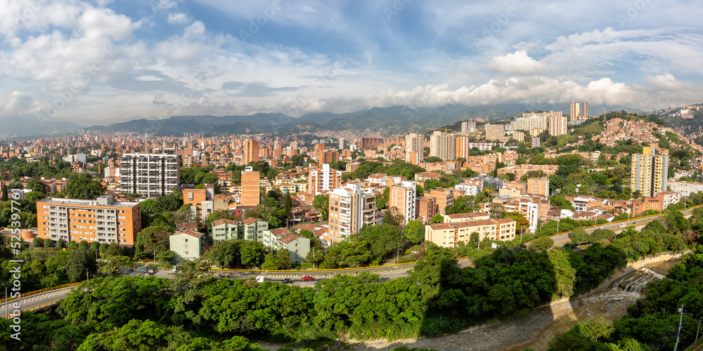 Medellin town city travel panorama view on Robledo and Los Colores districts in Colombia