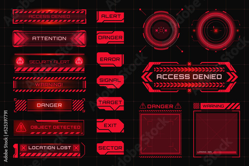 Set of warning, attention and alert red symbols. HUD caution and danger frames. Game UI with warning boxes for system damage error photo