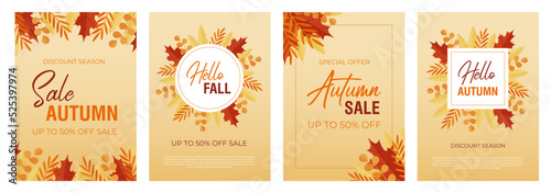 Autumn sale designs set with fall leaves. Vector illustration for banners, posters or flyers. Templates set for advertising, web, social media and fashion ads