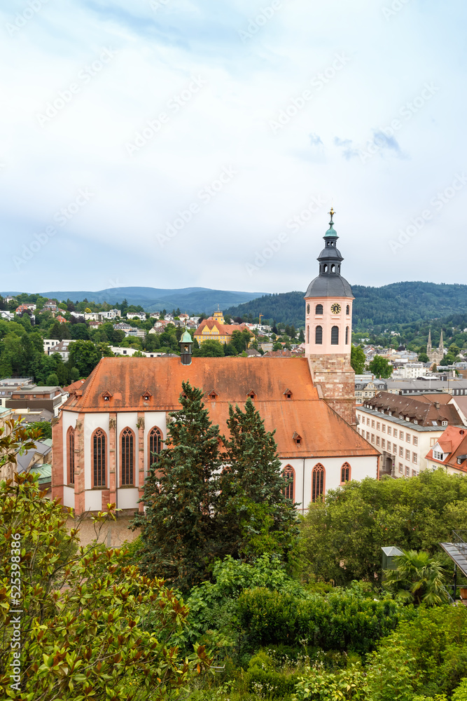 Overview of Baden-Baden town in the Black Forest with church portrait format travel traveling in Germany