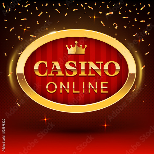 Online casino golden frame on stripped red background. Vector illustration for casino poker, roulette or lottery. Golden online casino framed sign illustration.
