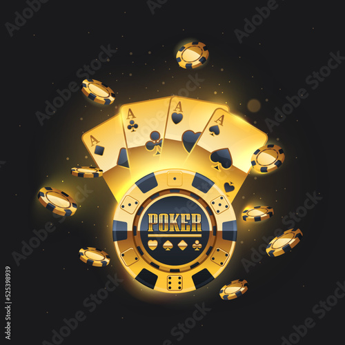 Golden playing cards, roulette wheel and flying poker chips. Poker casino vector illustration. Realistic chip flying on black background. Online casino, gambling concept, poker mobile app.