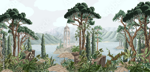 Landscape with mountains, sea, trees and alcove. Interior print.