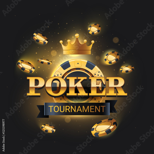 Golden poker tournament logo with flying chips on dark background. Vector illustration. Poker tournament banner with bright lights and poker chips. 