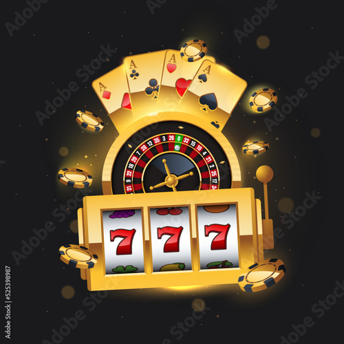 Golden winning slot machine, flying playing cards and roulette wheel. Online casino vector illustration on dark background. Winning concept on black background. 