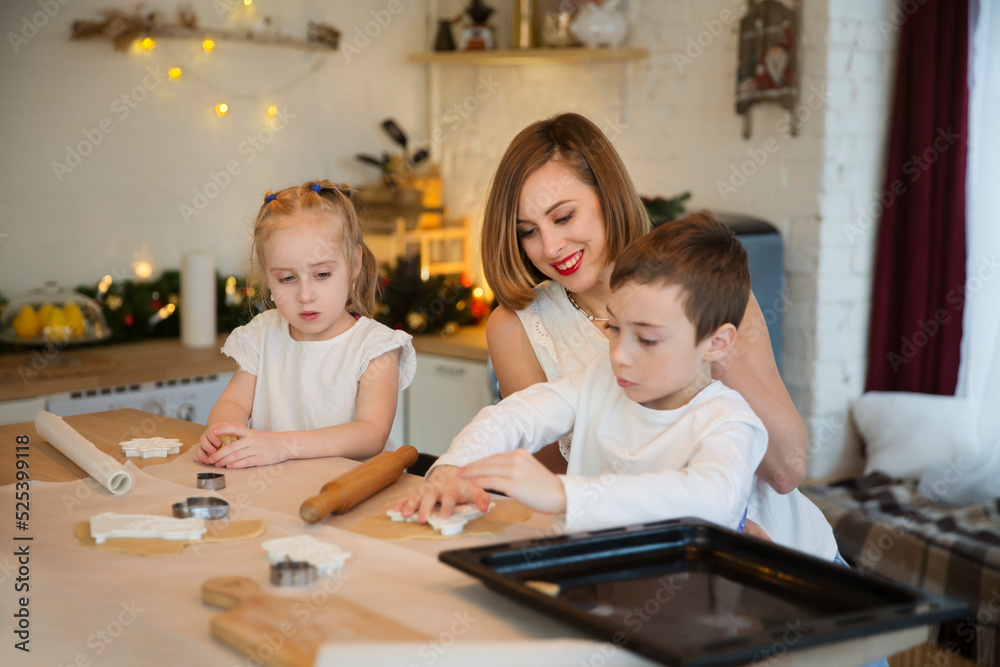 happy family mom and two kids make Christmas cookies and have fun together at home in the kitchen. Children siblings making homemade xmas gingerbreads happy family mom and two kids make Christmas cookies and have fun together at home in the kitchen. Children siblings making homemade xmas gingerbreads