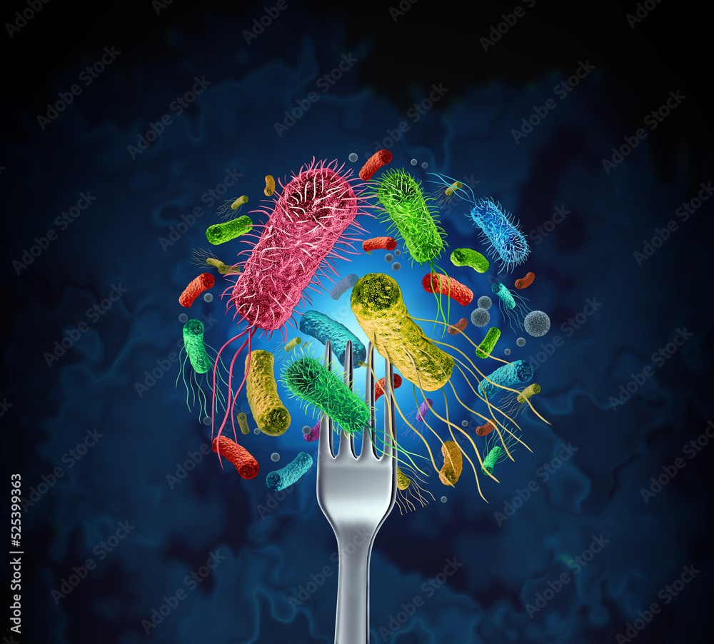 Bacteria food outbreak and bacterial infection as a microscopic background as dangerous