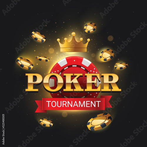 Poker tournament logo with flying chips on dark background. Vector illustration. Poker tournament banner with bright lights and poker chips. 