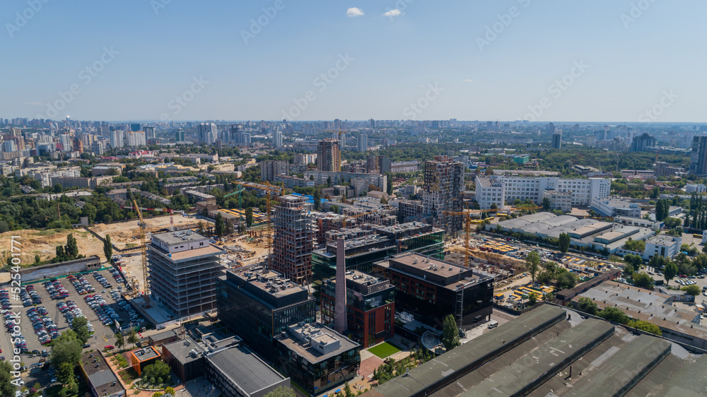 Drone aerial view modern building Residential complex Unit Home. Construction of residential premises. Kyiv capital of Ukraine