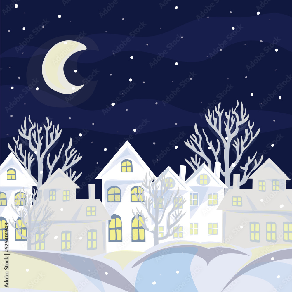 Winter illustration with white houses and snow. 
Christmas night.