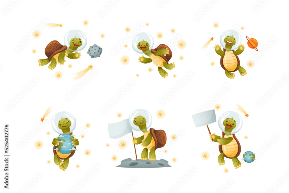Fototapeta premium Space adventures of turtle set. Funny tortoise floating in outer space, standing on moon with flag and holding blank signboard cartoon vector illustration