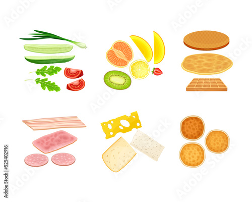 Sandwiches and pancakes constructors set. Meat, cheese, vegetables and fruit sliced ingredients cartoon vector illustration i