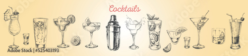 Set sketch cocktails and alcohol drinks hand drawn illustration