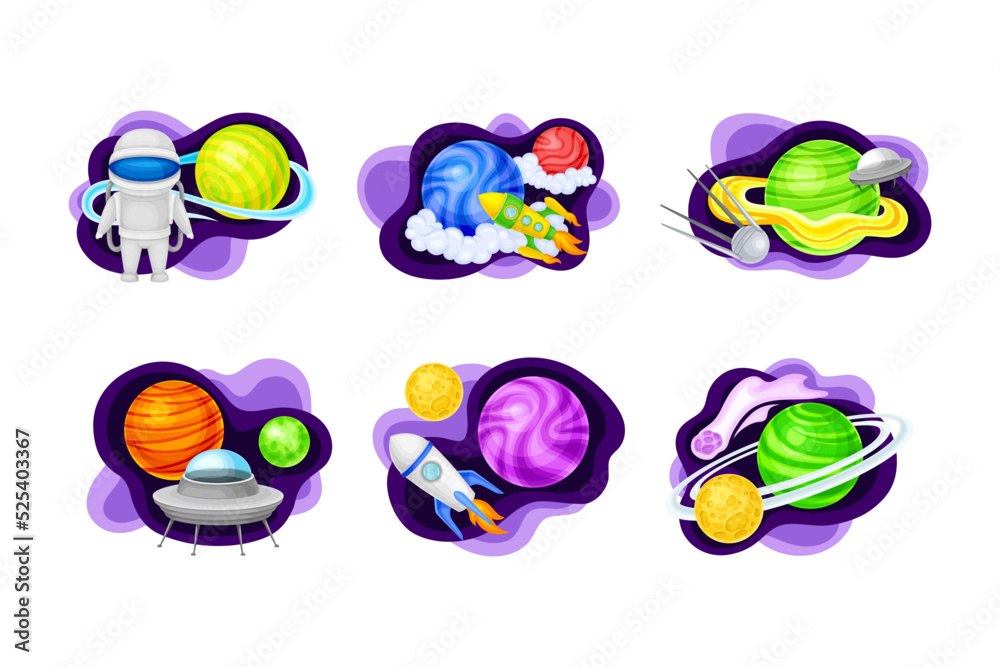 Space objects set. Astronaut, rocket, satellite, ufo spaceship, planet cartoon vector illustration Space objects set. Astronaut, rocket, satellite, ufo spaceship, planet cartoon vector illustration