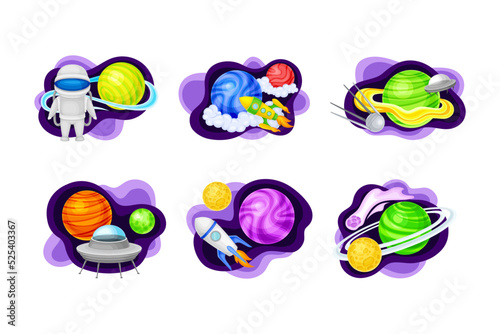 Space objects set. Astronaut, rocket, satellite, ufo spaceship, planet cartoon vector illustration