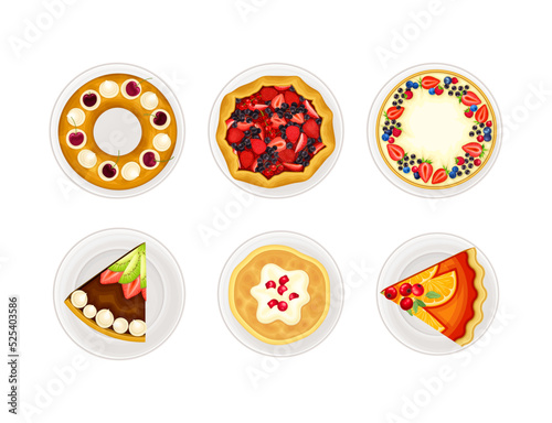 Set of tasty desserts. Pies with fruit and berries, pancakes confectionery assortment cartoon vector illustration