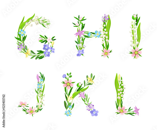 Meadow flowers alphabet. G,H,I,J,K,L English capital letters made of flowers and green leaves cartoon vector illustration