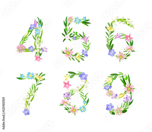 Floral numbers set. Numerals made of delicate flowers and green leaves cartoon vector illustration