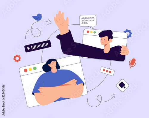 Video teleconference and remote online meeting concept. Vector flat person illustration. Group of multiethnic male