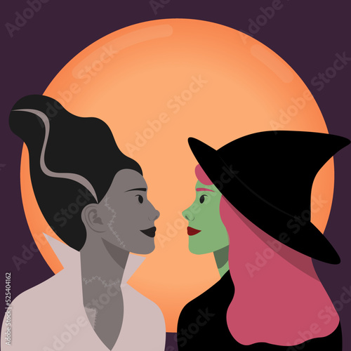 Halloween party. A date between two young lesbian women at a costume ball. A witch is flirting with a zombie. LGBTQ+ concept. Vector Cartoon Flat Illustration