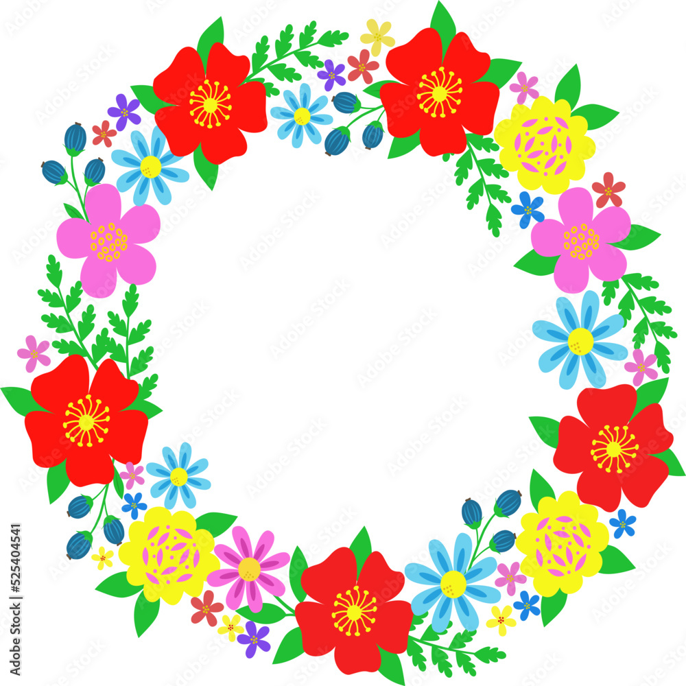 Flower frame with bright flowers and green leaves on a white background. Round frame for wedding photos, invitations, greetings, background for memorable dates. Vector stock illustration.