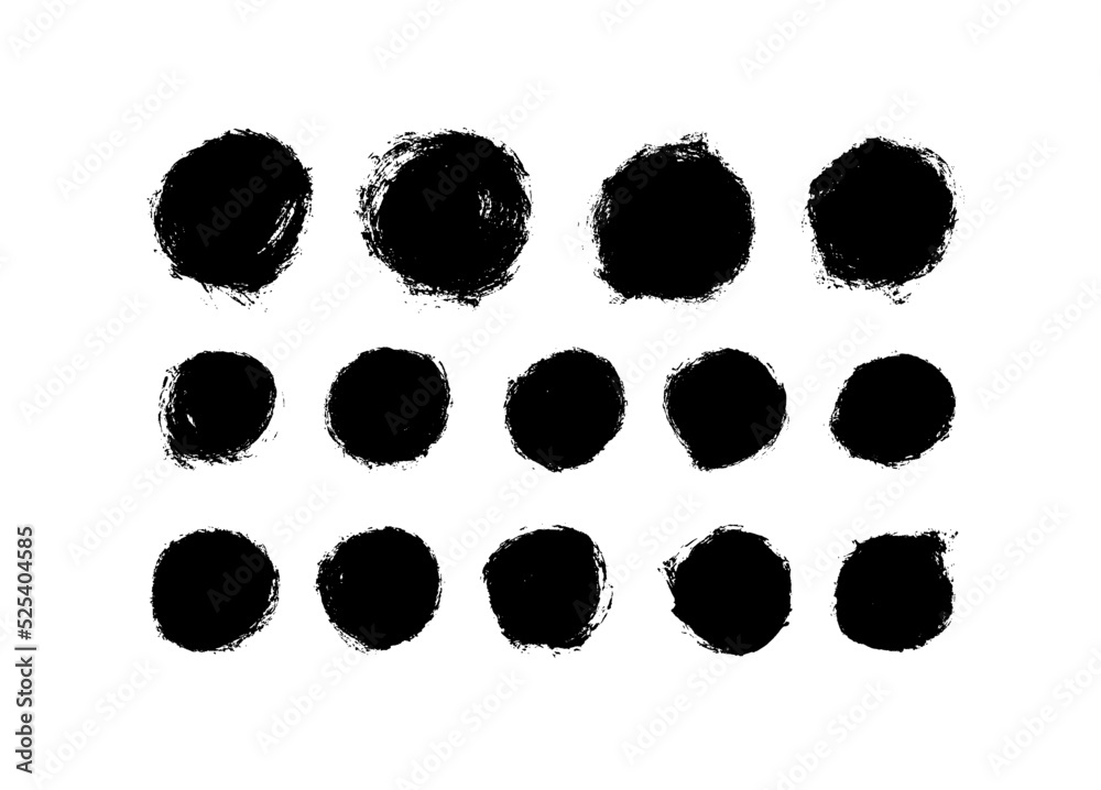 Fototapeta premium Hand drawn black circles isolated on white background. Black painted round shapes with rough edges. Set of different circle brush strokes. Hand drawn geometric shapes collection.