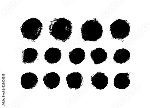 Hand drawn black circles isolated on white background. Black painted round shapes with rough edges. Set of different circle brush strokes. Hand drawn geometric shapes collection.