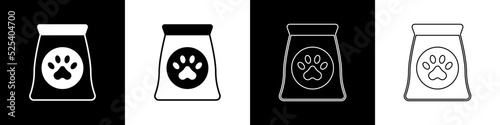 Set Bag of food for pet icon isolated on black and white background. Food for animals. Dog bone sign. Pet food package. Vector