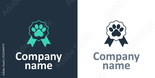 Logotype Pet award symbol icon isolated on white background. Badge with dog or cat paw print and ribbons. Medal for animal. Logo design template element. Vector