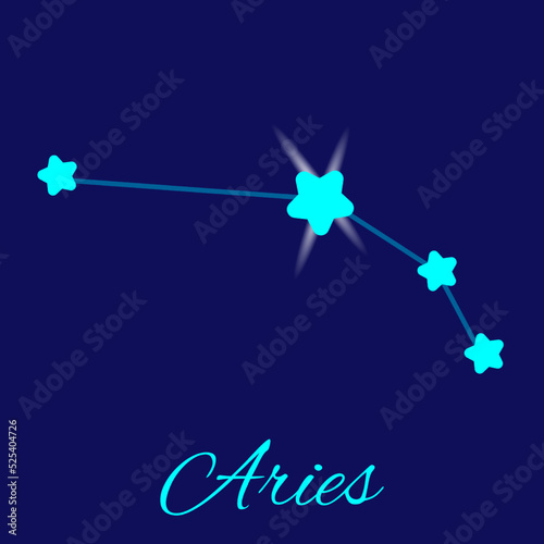 Aries constellation astrology vector illustration. Stars in dark blue night sky. Aries zodiac constellations sign beautiful starry sky. Aries horoscope symbol made of blue star sparkles and lines.