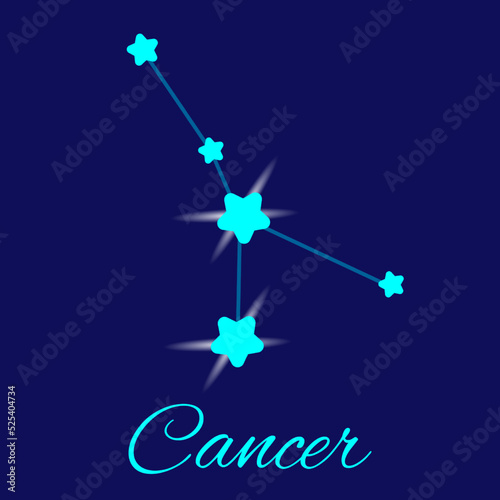 Cancer constellation astrology vector illustration. Stars in dark blue night sky. Cancer zodiac constellations sign beautiful starry sky. Cancer horoscope symbol made of blue star sparkles and lines.