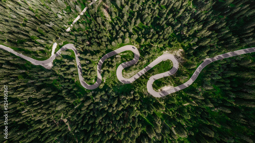 Winding road from high mountain pass in Dolomites, Italy. Great road trip through dense woods and meadows. Aerial view. Curvy road in summer forest scenery, mountain landscape.Top Down Birds Eye View.