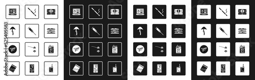 Set Stacks paper money cash, Syringe, Psilocybin mushroom, Buying drugs online laptop, Cocaine or heroin, Cigarette, Open cigarettes pack box and Messenger icon. Vector