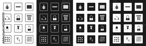 Set Garden fence wooden, Lock, Parking car barrier, System bug concept, Password protection, Open padlock and Ringing alarm bell icon. Vector