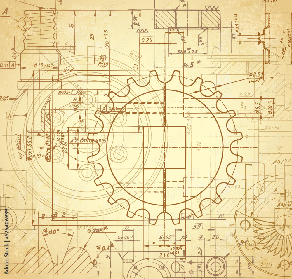 old paper technical drawings background / vector illustration