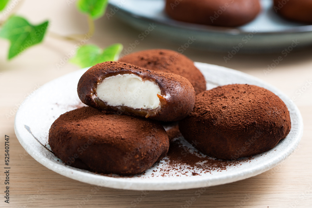 Japanese dessert chocolate tiramisu mochi or glutinous rice ball Japanese dessert chocolate tiramisu mochi or glutinous rice ball