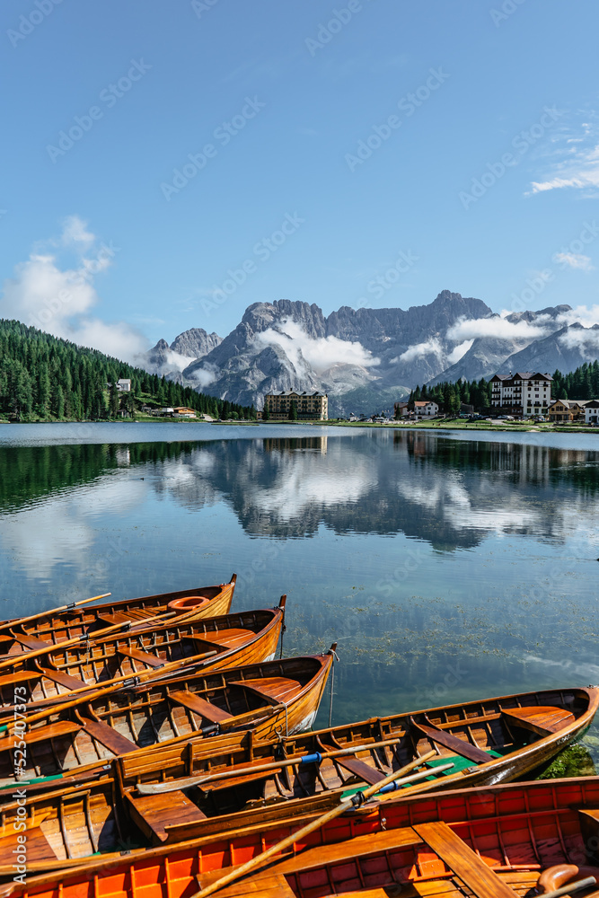 Lake Misurina,Lago di Misurina is pearl of the Dolomites.Mountain lake in Italy with wooden boats,Veneto region,Sorapis mountain group.Perfect destination for hiking.Touristic resort for holiday