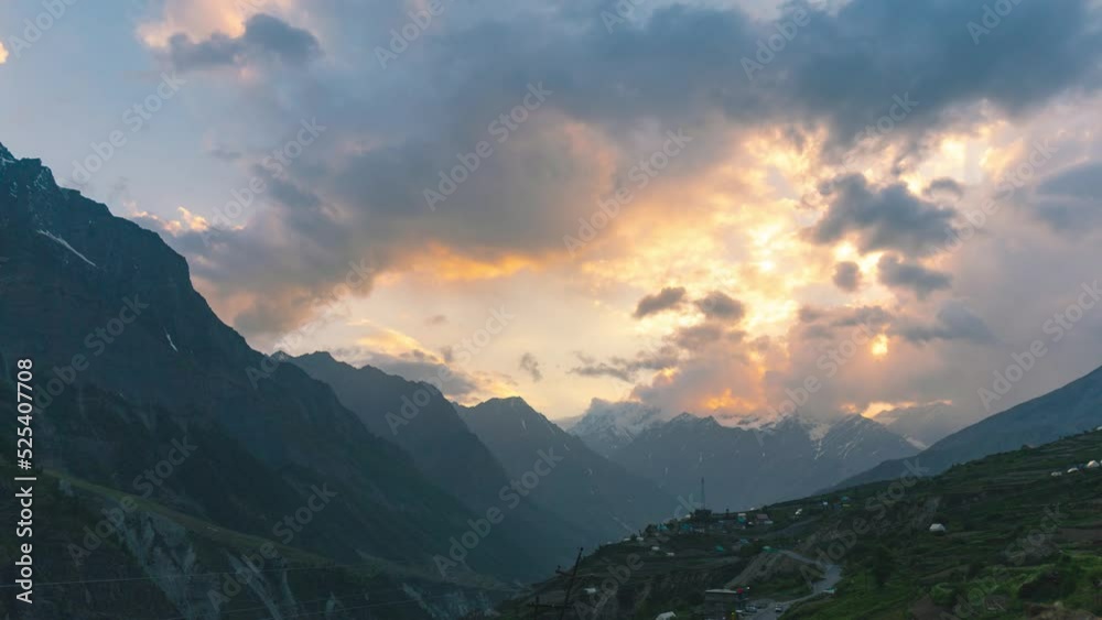 4K Timelapse of Himalayan mountains during sunset in Lahaul and Spiti district, Himachal Pradesh, India. Clouds moving over mountains during sunset. Himalayas in India