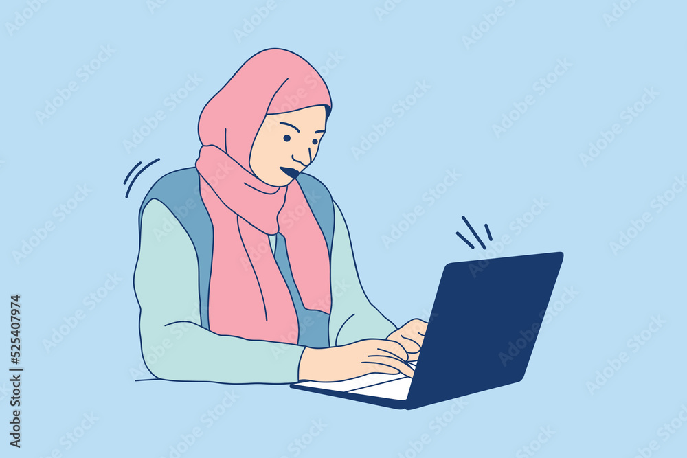 Illustrations of Beautiful business Muslim woman work from home with laptop Illustrations of Beautiful business Muslim woman work from home with laptop